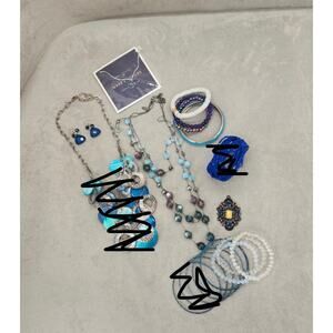 Lot of 12 costume jewelry boho Blue White Silver Tone Bundle Bulk Fashion